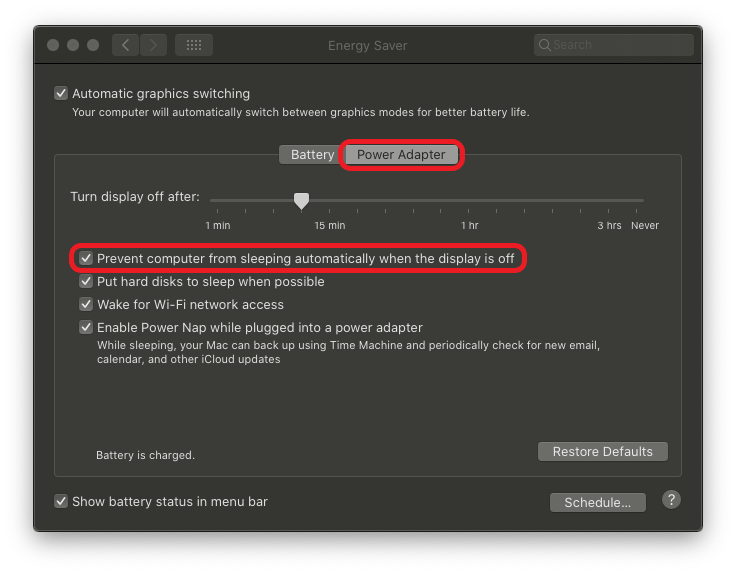 Energy Saver settings - prevent computer from sleeping